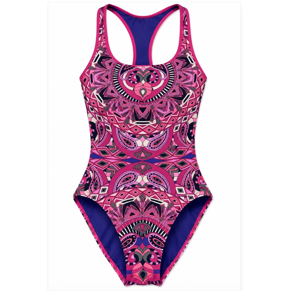 Title Nine One Piece Swimsuit S Pink Geometric Mandala Racerback Athletic Swim